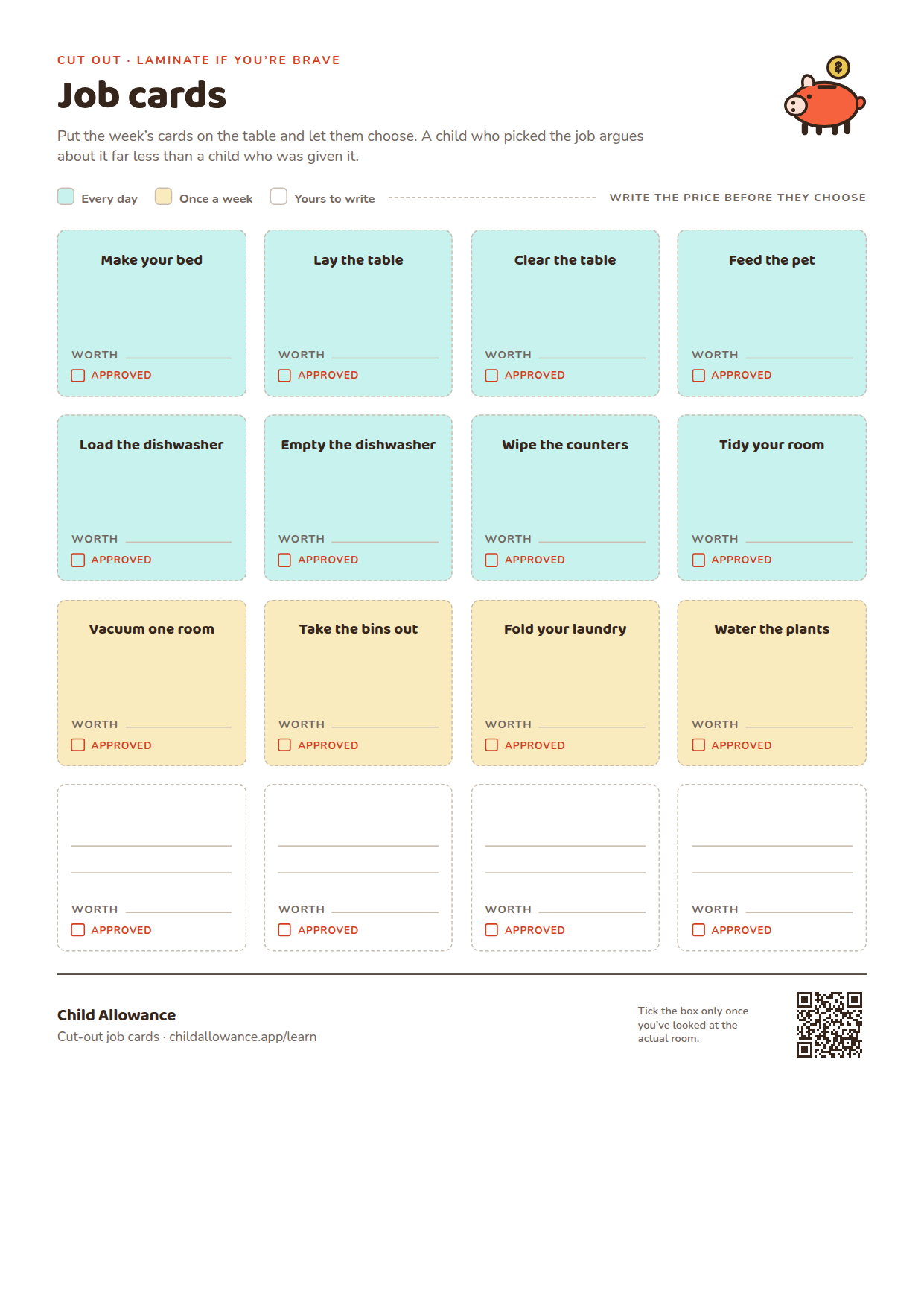 A printed sheet of sixteen chore cards on a cut-out grid, each card with a job name, a small illustration, a blank box for the amount and a tick box marked Approved.