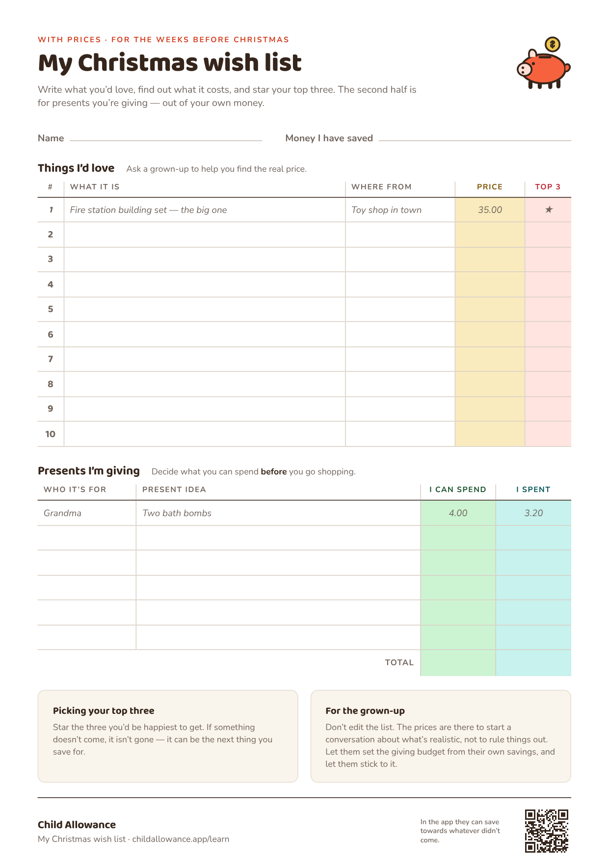 A printed Christmas wish list with ten numbered rows for what the child wants, where it comes from, its price and a top-three star, and below it a table for presents they are giving: who it is for, the idea, what they can spend and what they spent.