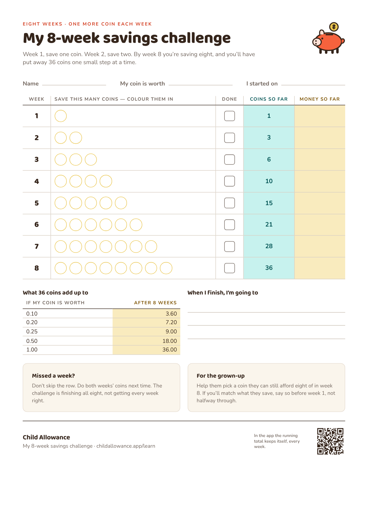 A printed eight-week savings challenge: one row per week with that many coin circles to colour in, a tickbox, a printed running count of coins from 1 to 36, and a blank column for the money saved so far, with a table of what 36 coins come to below.
