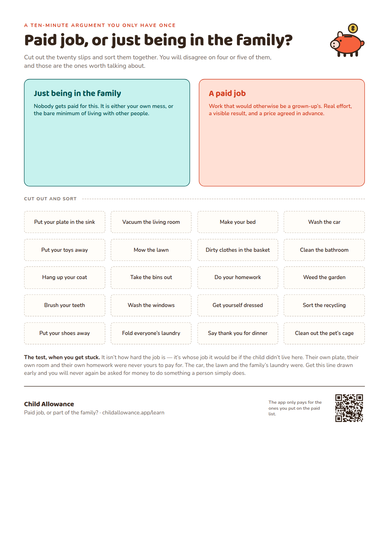 A printed sorting sheet: two large labelled boxes, one for expected and unpaid jobs and one for paid work, above a grid of twenty cut-out job slips.