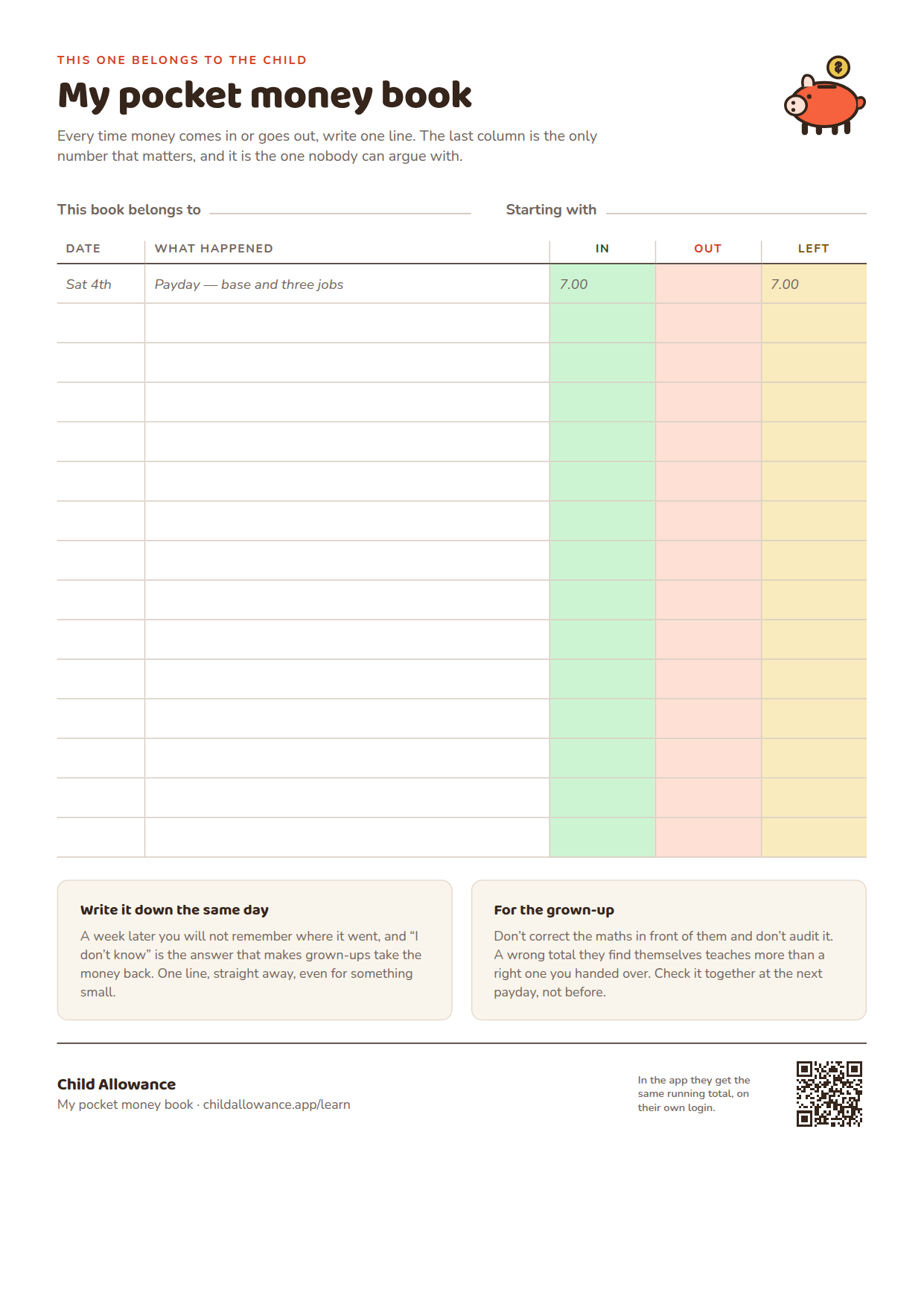 A printed pocket money tracker with a name line at the top, a savings goal box, and a ruled ledger with columns for date, what happened, money in, money out and the running total.