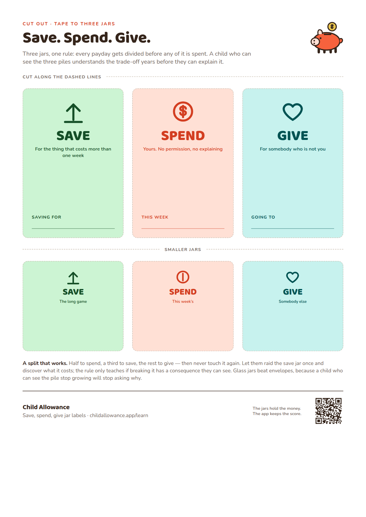 A printed sheet of cut-out jar labels reading Save, Spend and Give, in a large size and a smaller size, each with a blank circle for the percentage that jar takes.