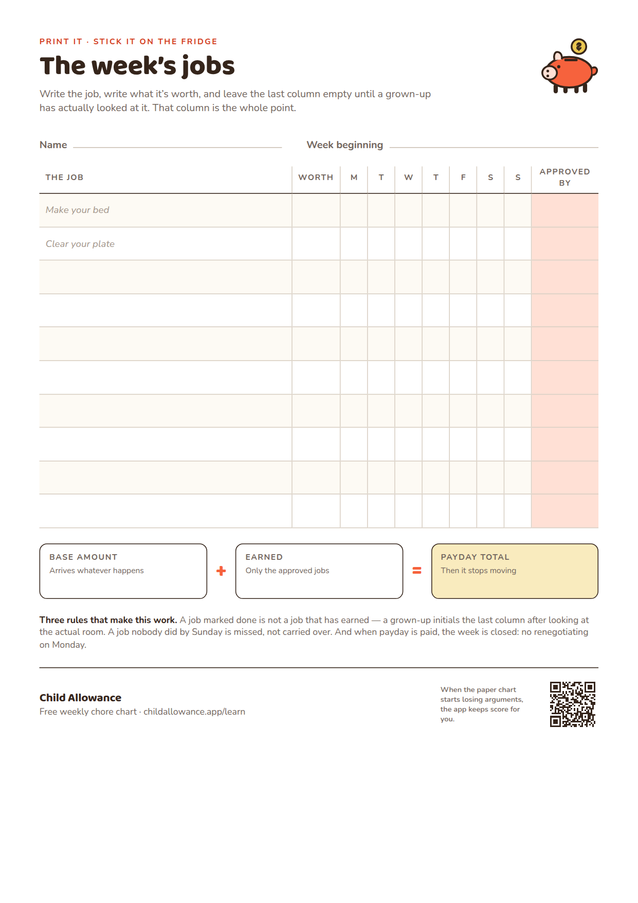 A printed weekly chore chart: ten blank job rows down the left, a Worth column for the amount, seven narrow day columns, and a wider Approved by column at the right edge.